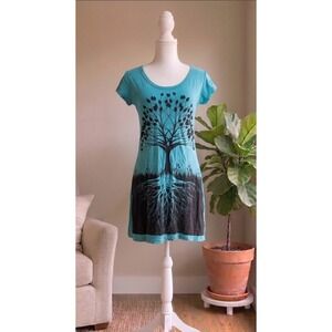 Sure Design T-Shirt Dress Womens Small Teal Tree‎ of Life Graphic Cotton Mini